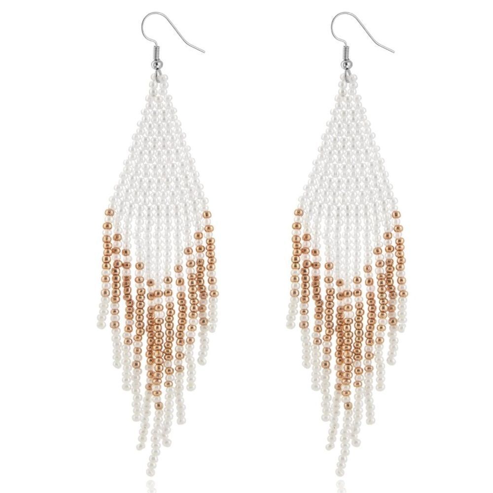White Bohemian Seed Bead Tassel Dangling Statement French Wire Hook Earrings